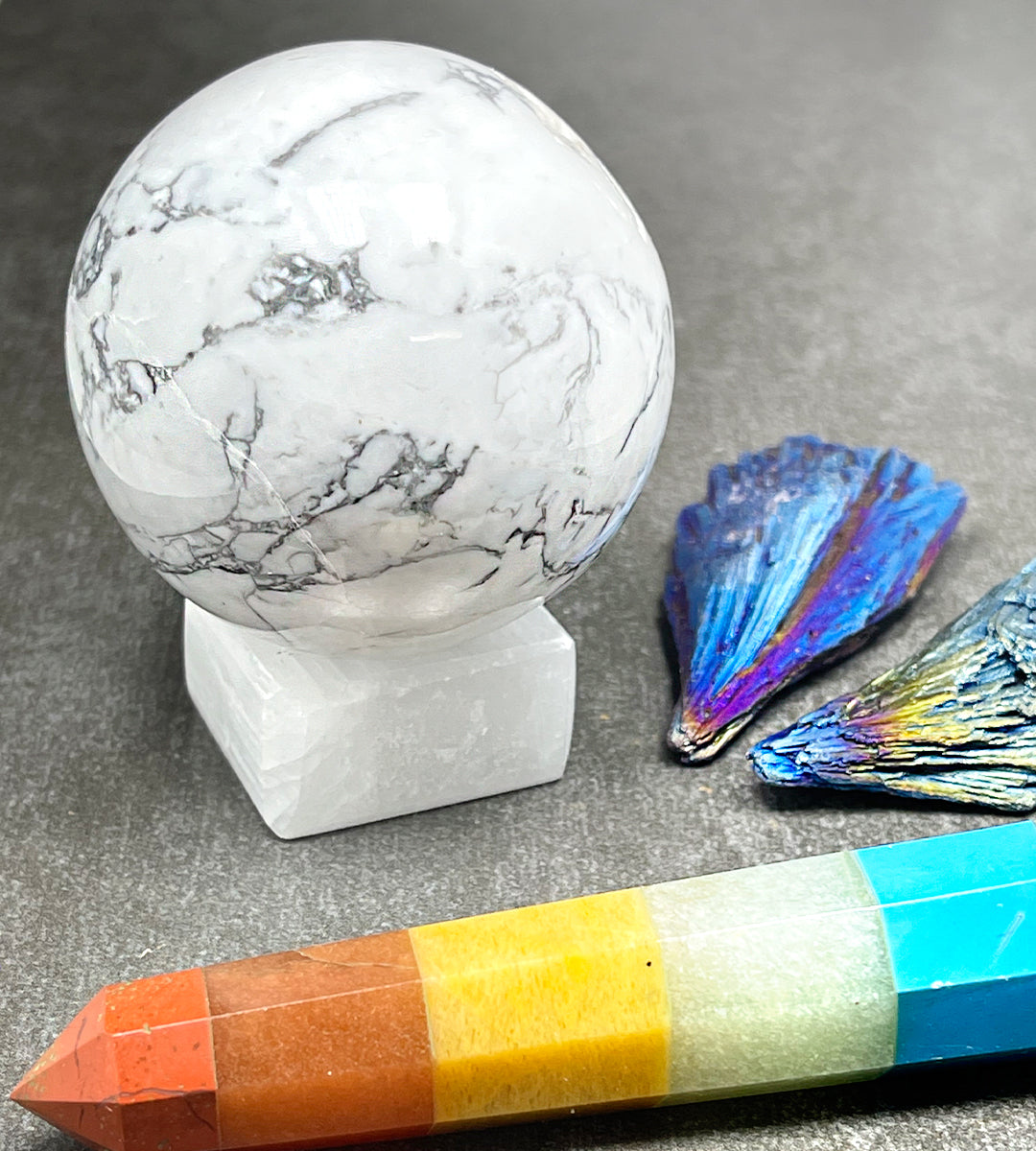 Howlite Sphere with Chakra Wand and Kyonite