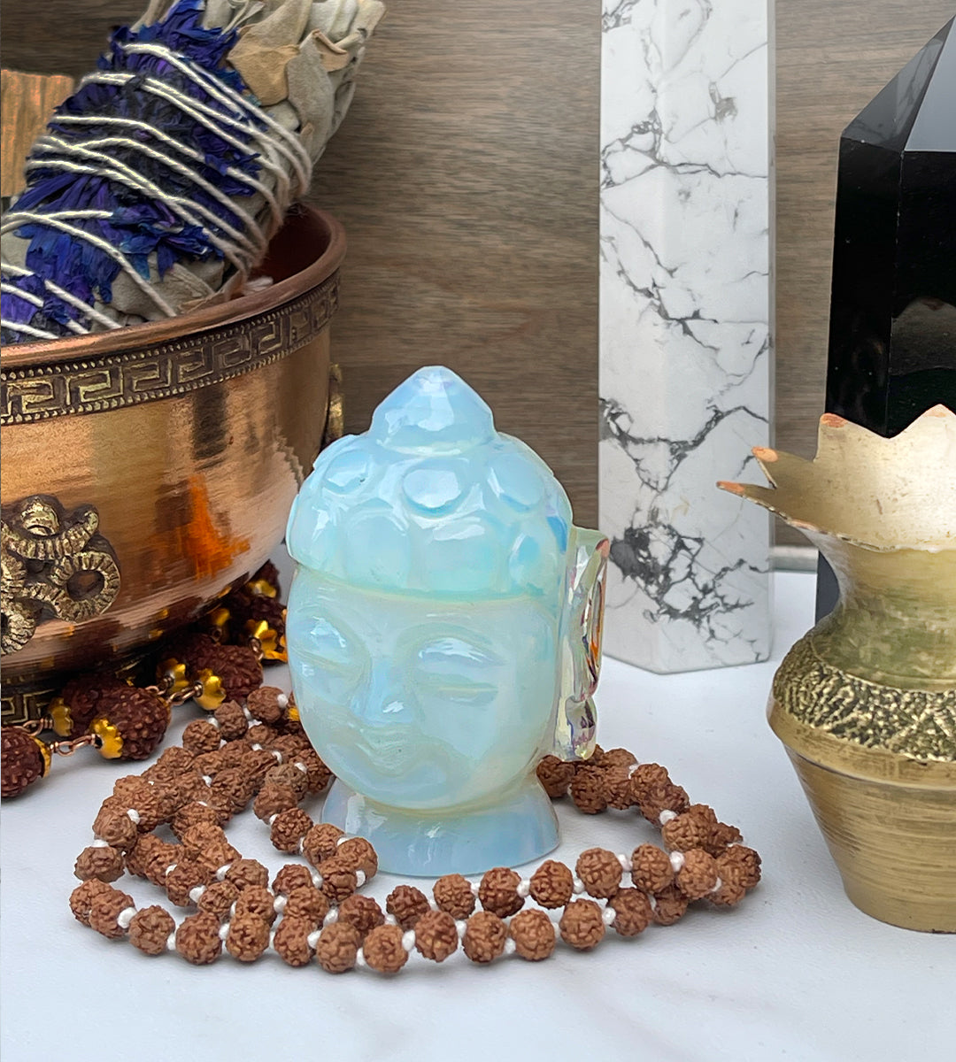 Opal Lord Buddha Head with Howlite Tower and Brass Om Bowl