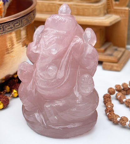 Rose Quartz Ganesha with Rudraksha